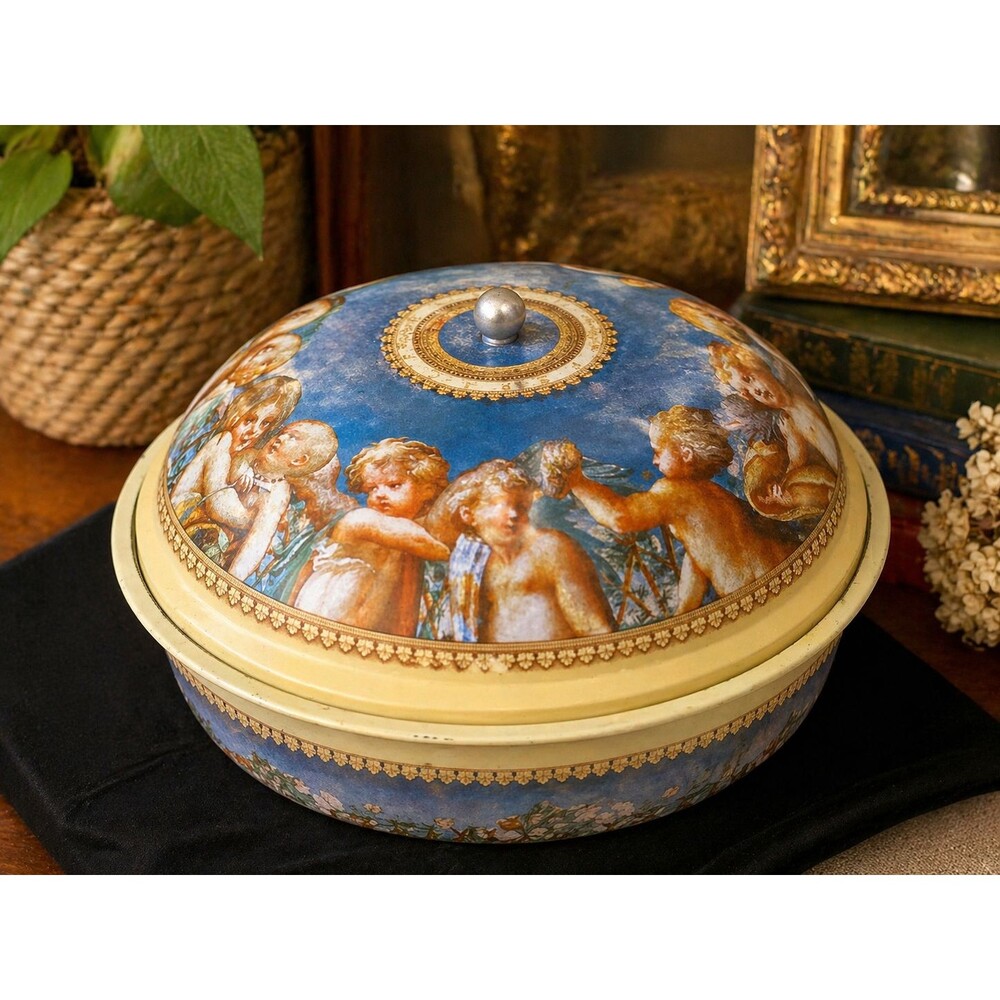 Battistero Round Tin Container Cherub Lid Blue Gold Storage Box